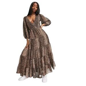 ASOS Dress Size 4 Tiered Skirt Maxi Animal Print Long Sleeve Surplice Neck